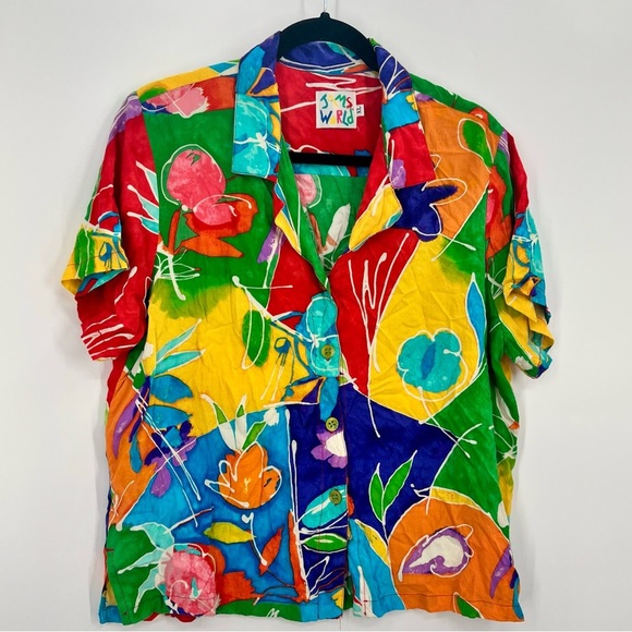 Jams World Rayon Wax Flower Button Blouse Shirt  Hawaiian Top Short Sleeve XL - Picture 2 of 7